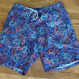 Bugatchi Men's Paisley Swim Trunks Drawstring Pockets Blue Multicolor Size M